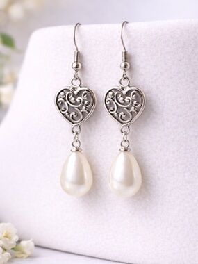 Heart Pearl Drop Earrings | Silver Filigree Dangle | Romantic Minimal